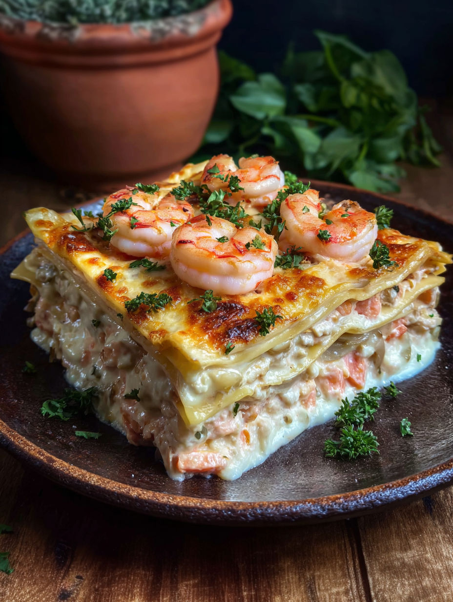 A plate of seafood lasagna with shrimp and crab on top.