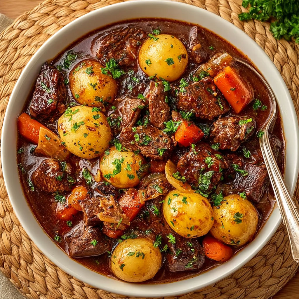 A bowl of beef bourguignon with potatoes and carrots.