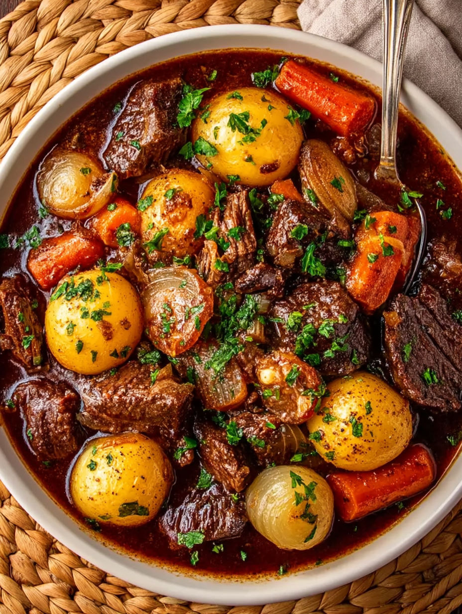 A bowl of beef bourguignon with a fork.