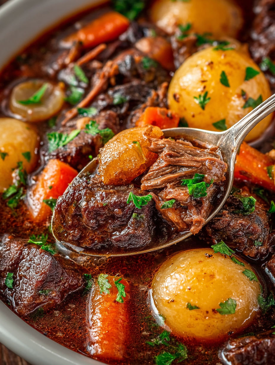 A spoon is in a bowl of beef stew.