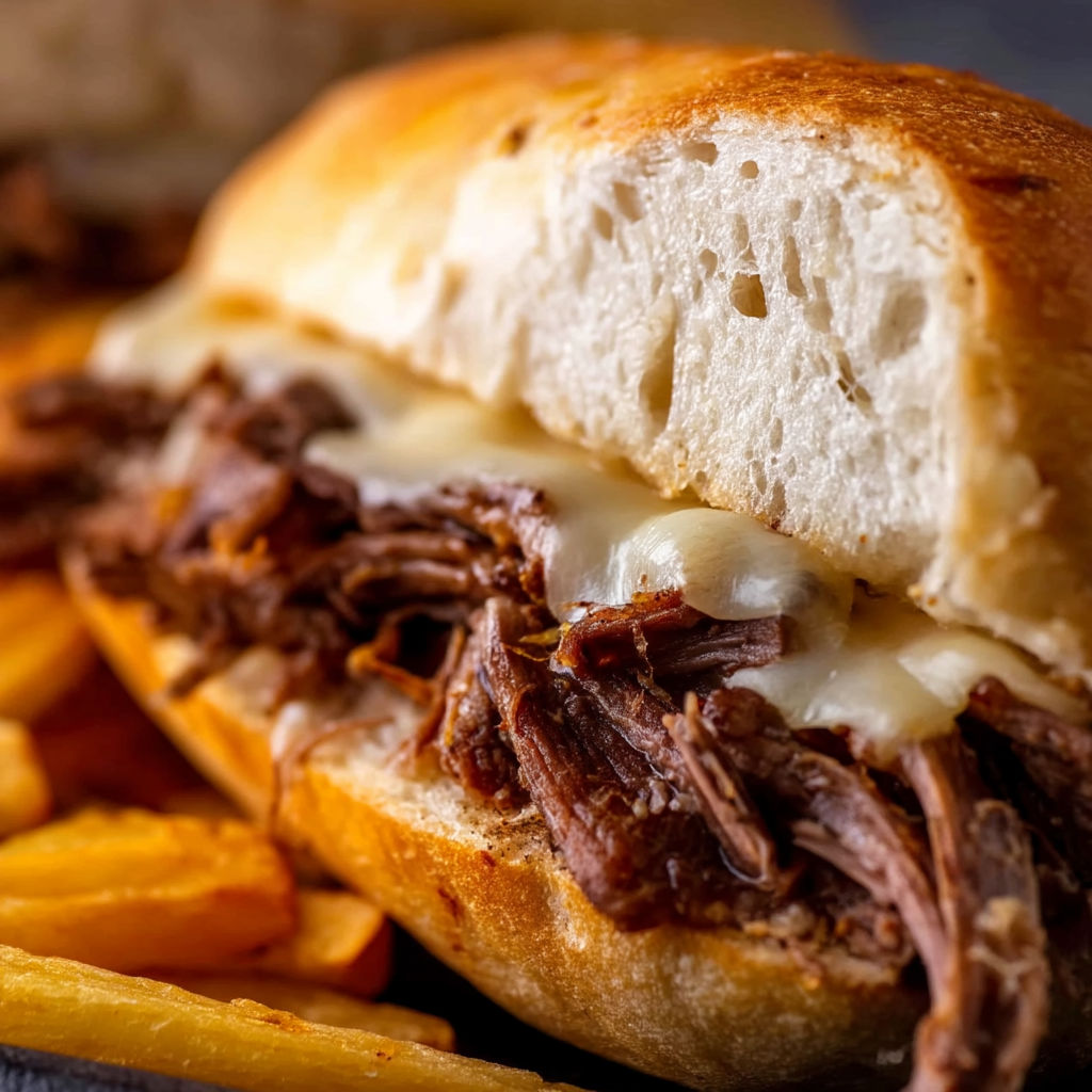 A close up of a crock pot french dip sandwich.
