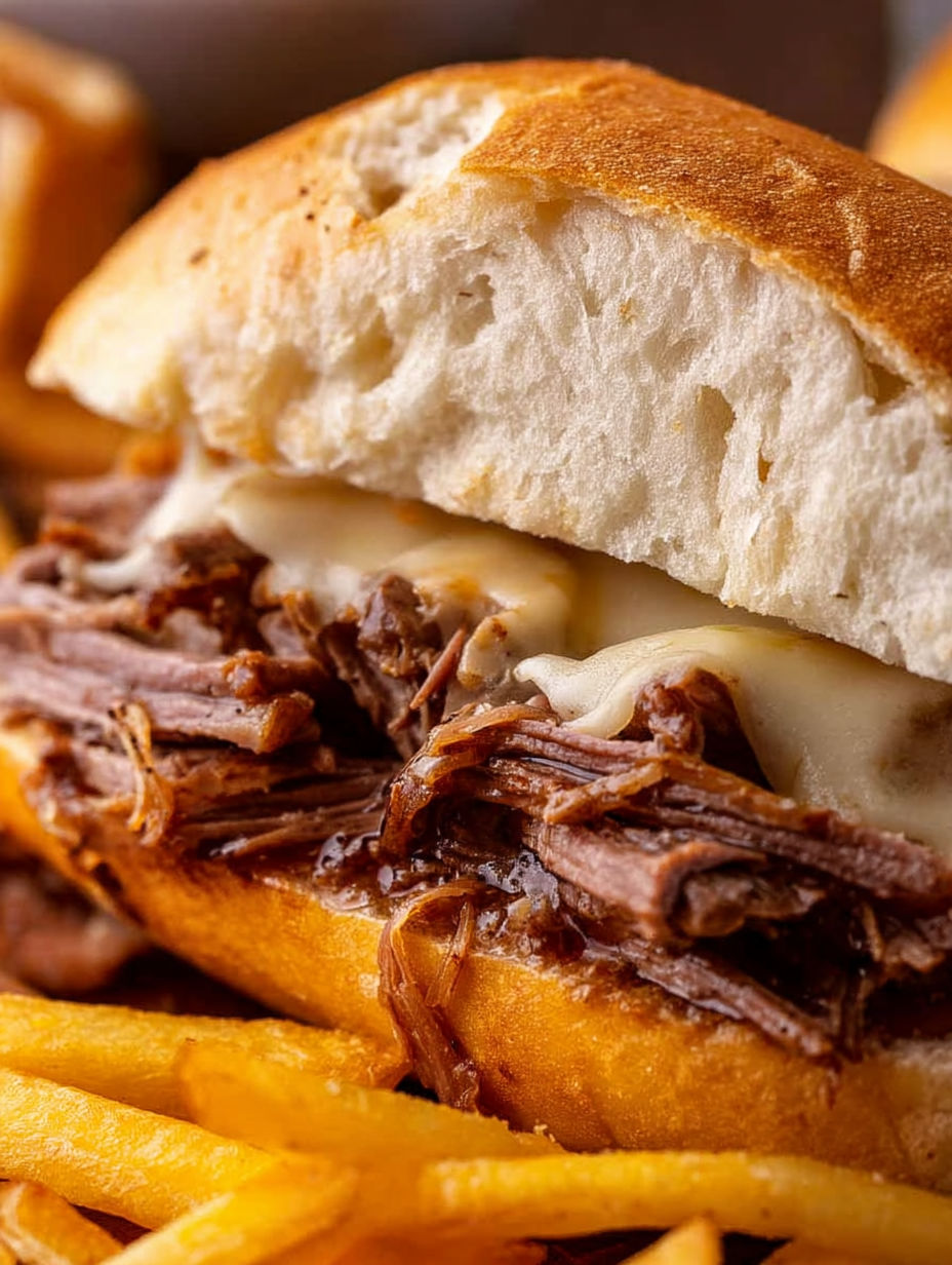 A close up of a French dip sandwich.