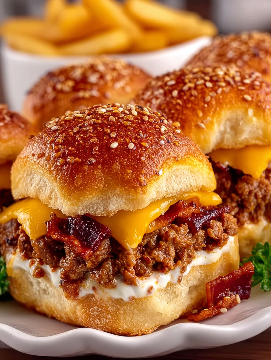 Bacon cheeseburger sliders with fries.