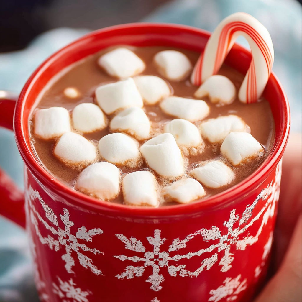A red cup of hot chocolate with marshmallows on top.
