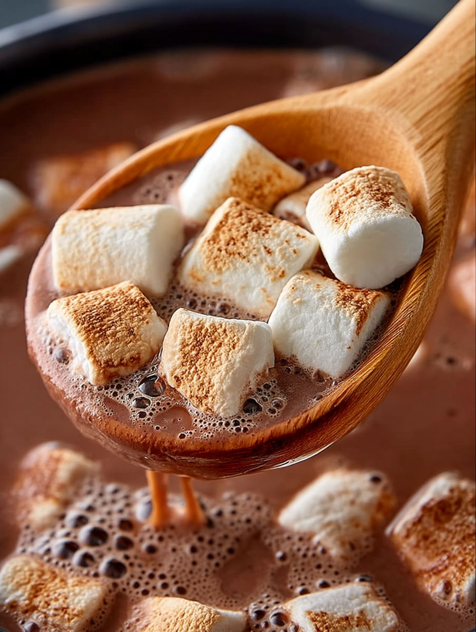 A wooden spoon in a bowl of hot chocolate.