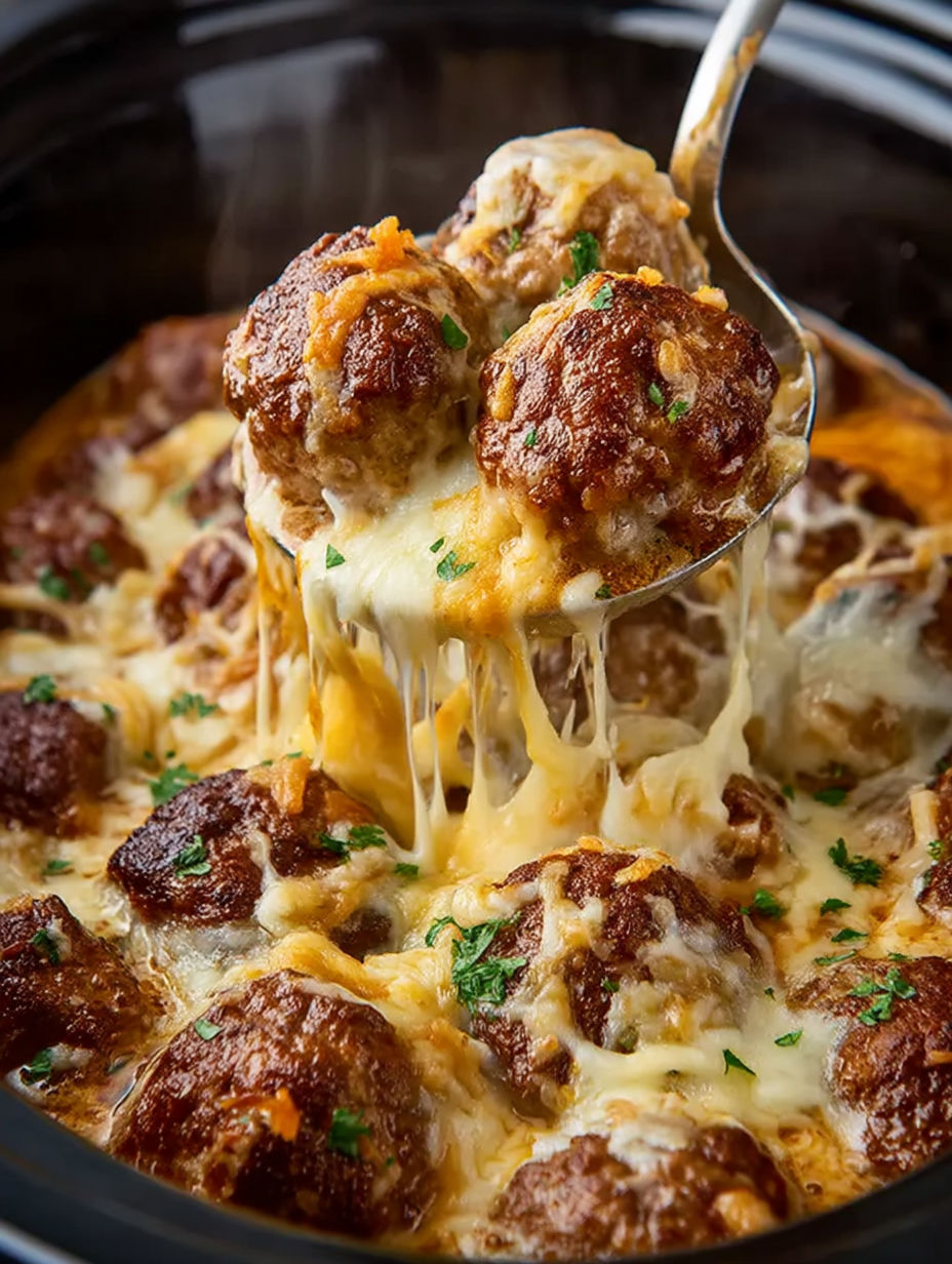 A spoon is in a crock pot filled with meatballs and cheese.