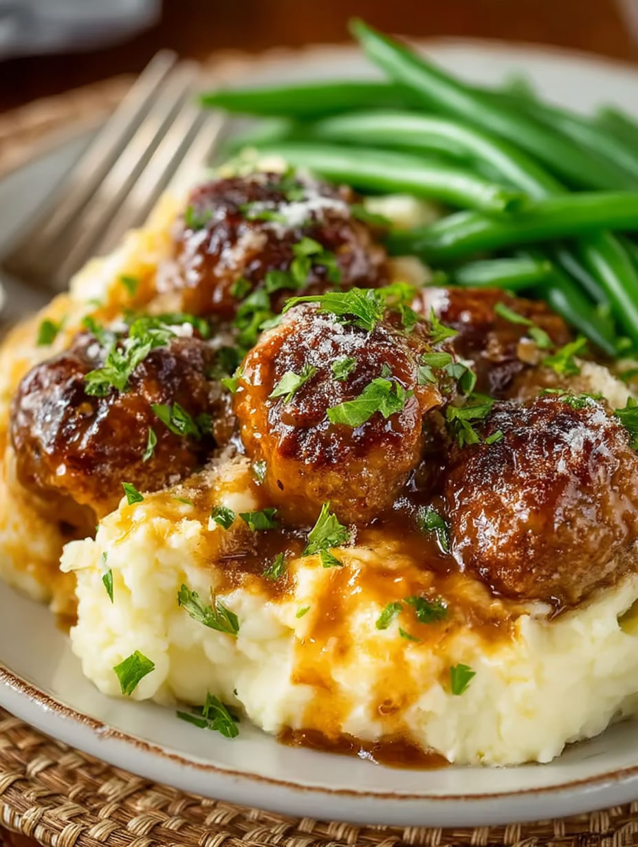 A plate of meatballs with a side of green beans.
