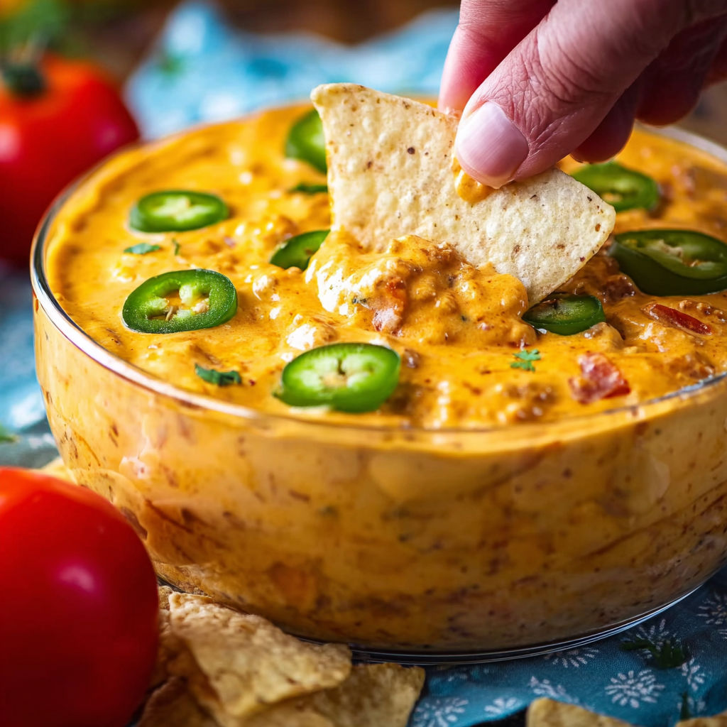 A hand is grabbing a tortilla chip from a bowl of smoked queso dip.