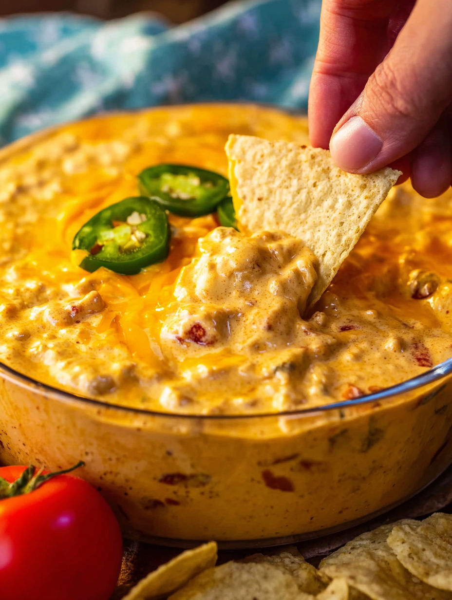 A person is taking a chip out of a crock pot of smoked queso dip.