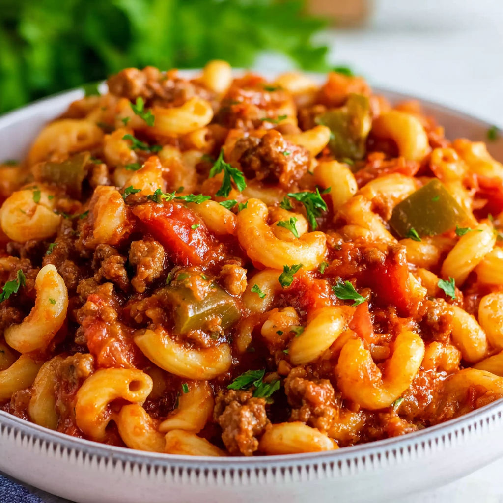 A bowl of American Goulash with pasta and meat.