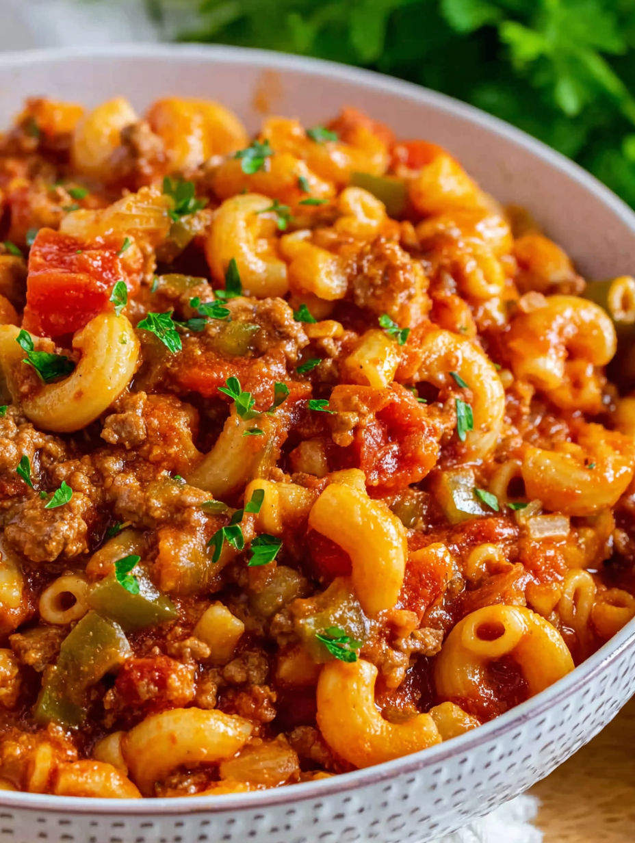 A bowl of American goulash with noodles and vegetables.