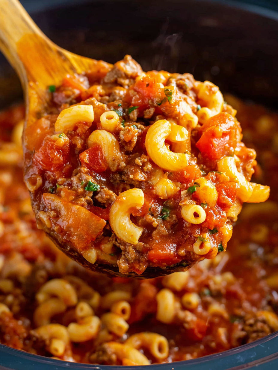 A spoonful of American Goulash in a crock pot.