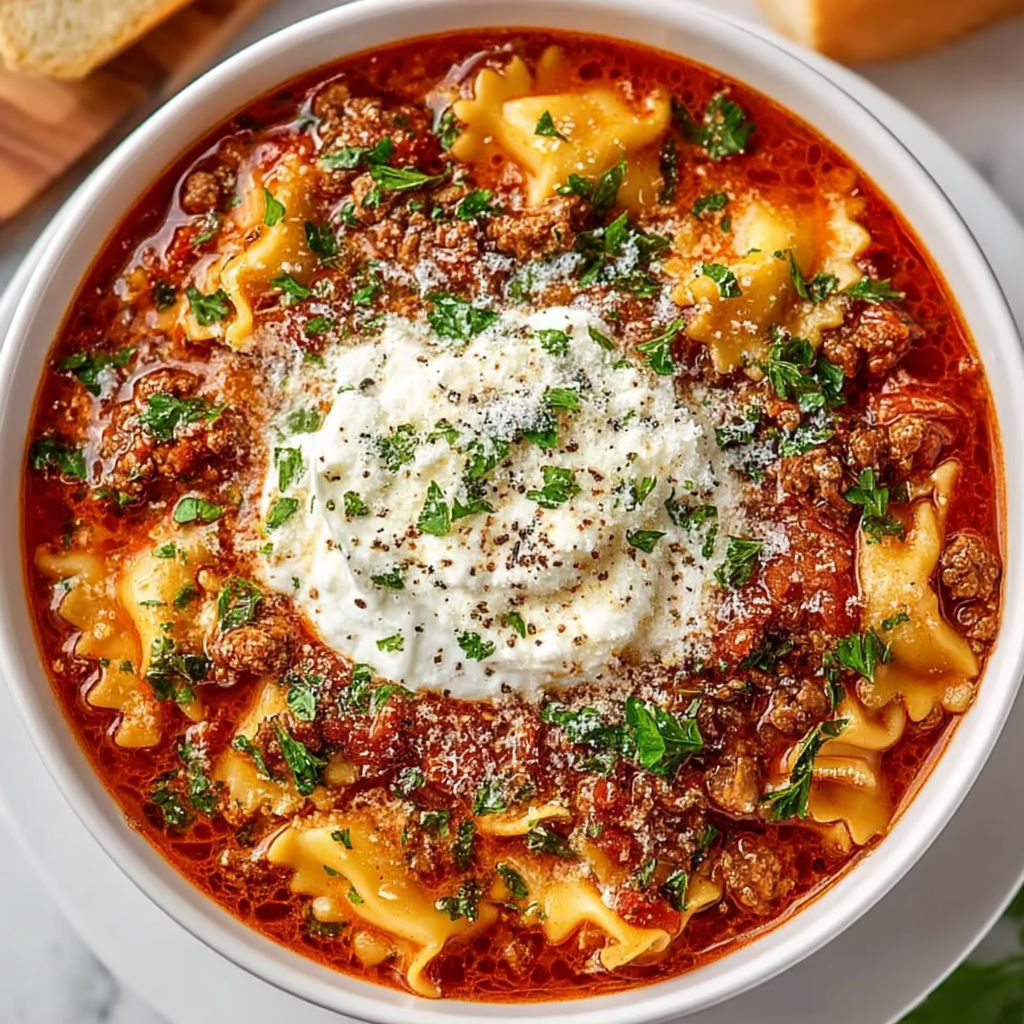 A bowl of crockpot lasagna soup.