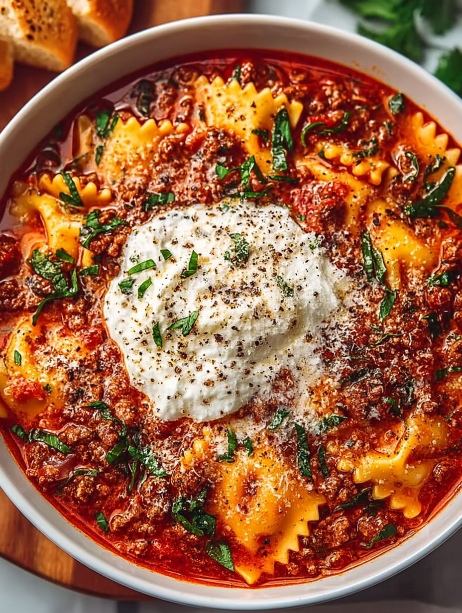 A bowl of crockpot lasagna soup with pasta and cheese.