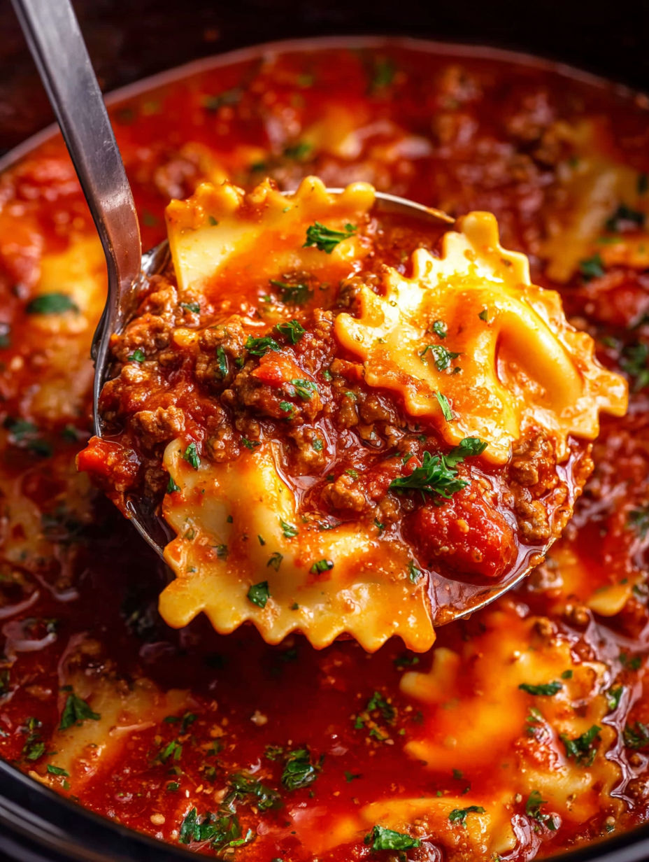 A spoon is in a bowl of lasagna soup.