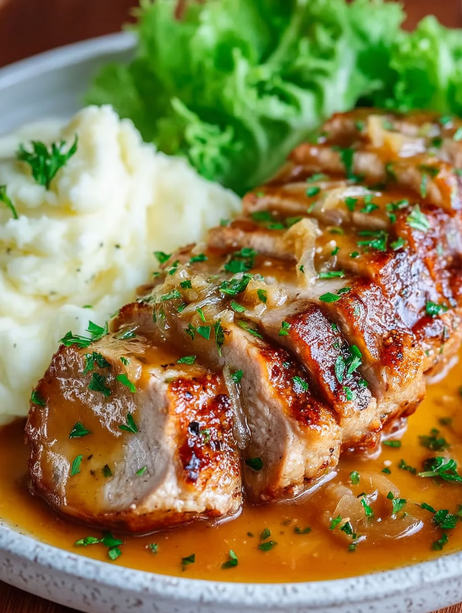 French onion pork chops with potatoes and greens.