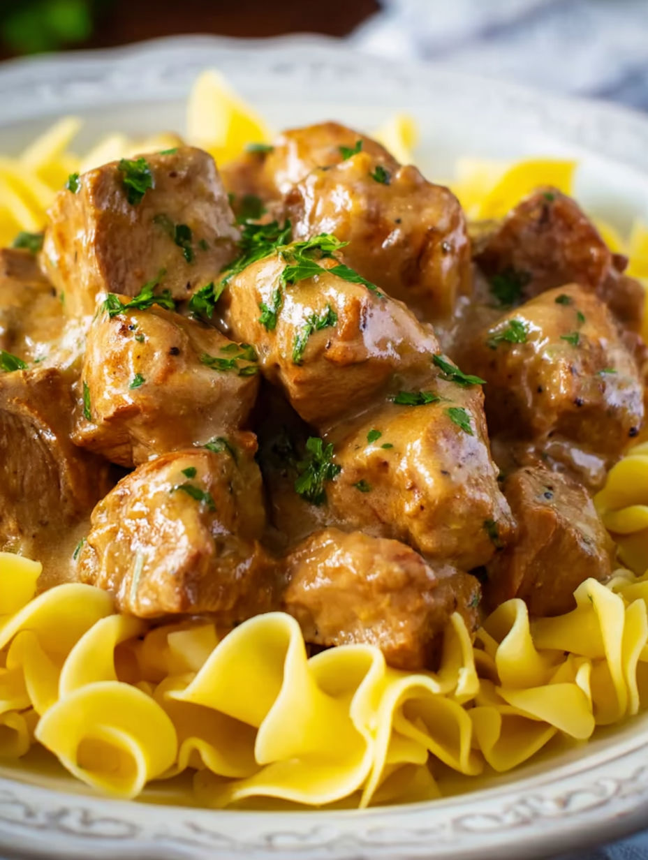A plate of pork bites with gravy.
