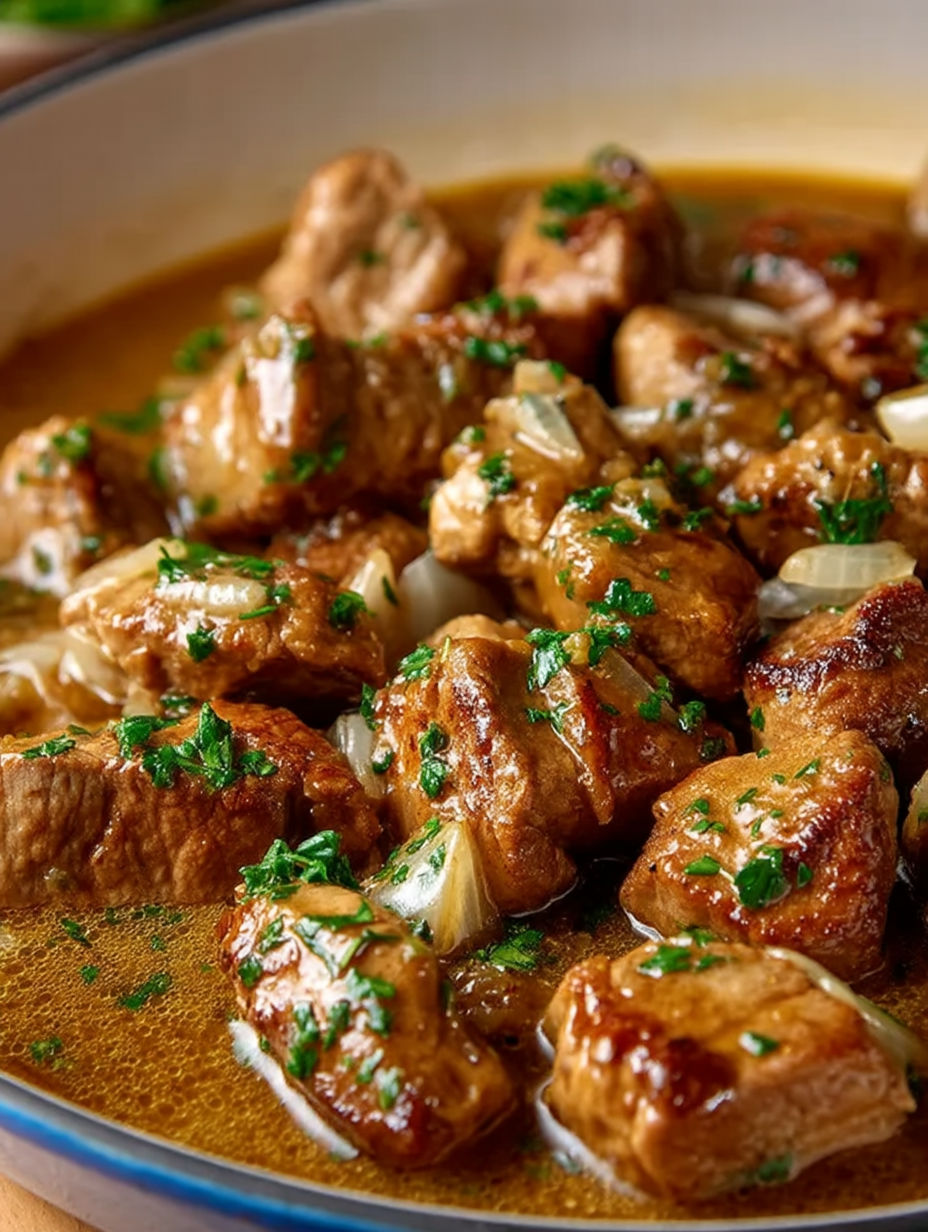 A plate of pork bites with gravy.