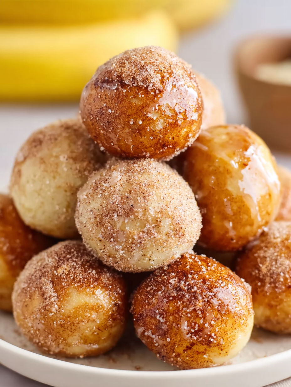 A stack of 2-ingredient air fryer banana donut holes.