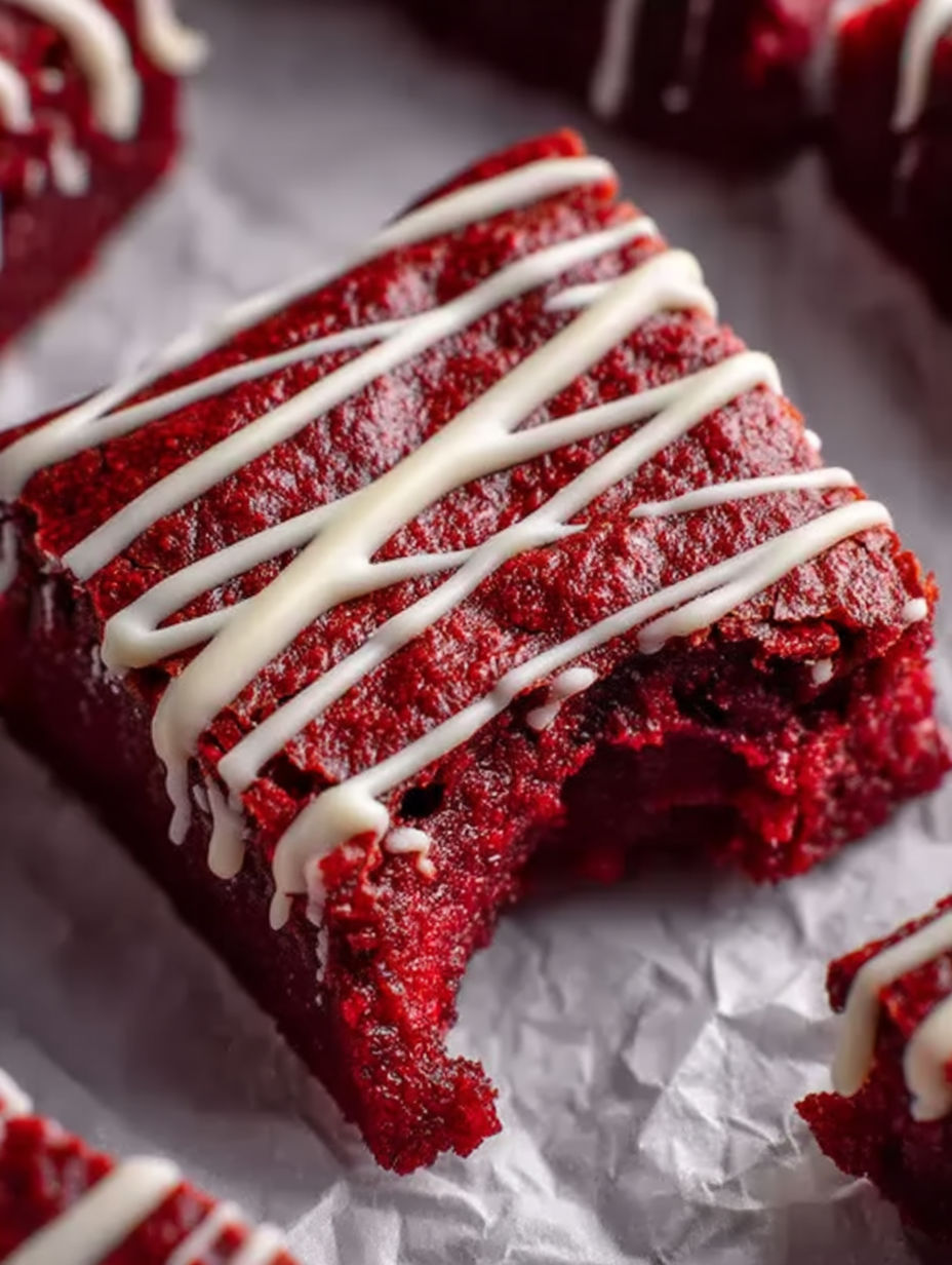 A piece of red velvet cake with white frosting.
