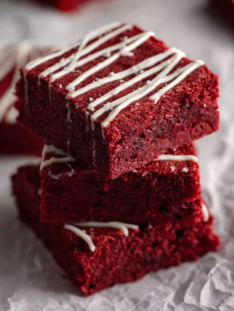 A stack of red velvet brownies with white icing.