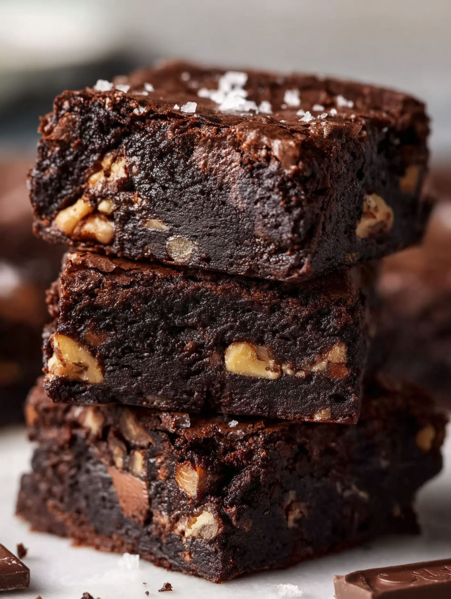 A stack of brownies with nuts on top.