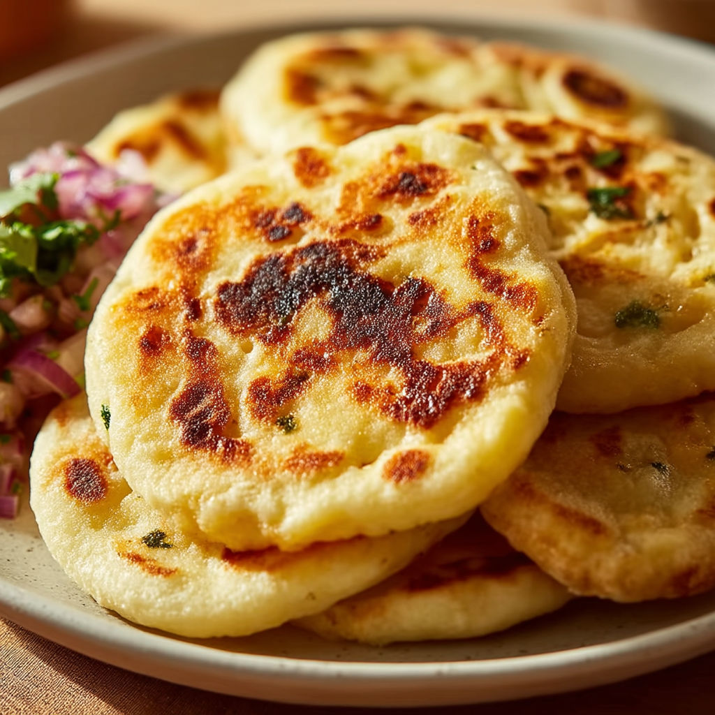 A plate of food with a pile of soft masa cheese pupusas.