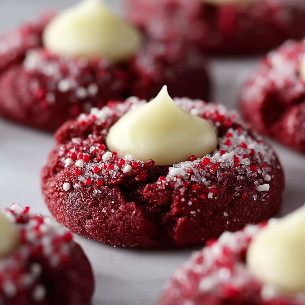 Red velvet thumbprint cookies with white icing.