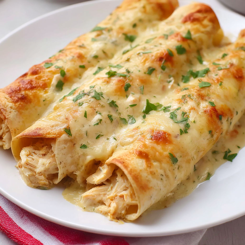A plate of white chicken enchiladas.