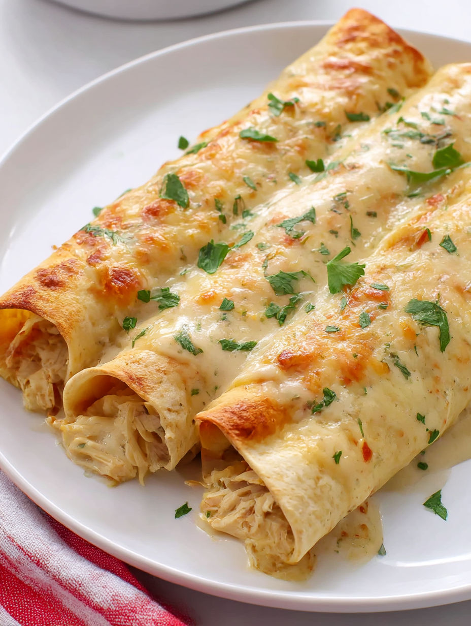 A white plate with a white chicken enchilada.