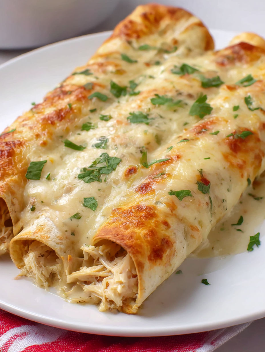 A plate of white chicken enchiladas.
