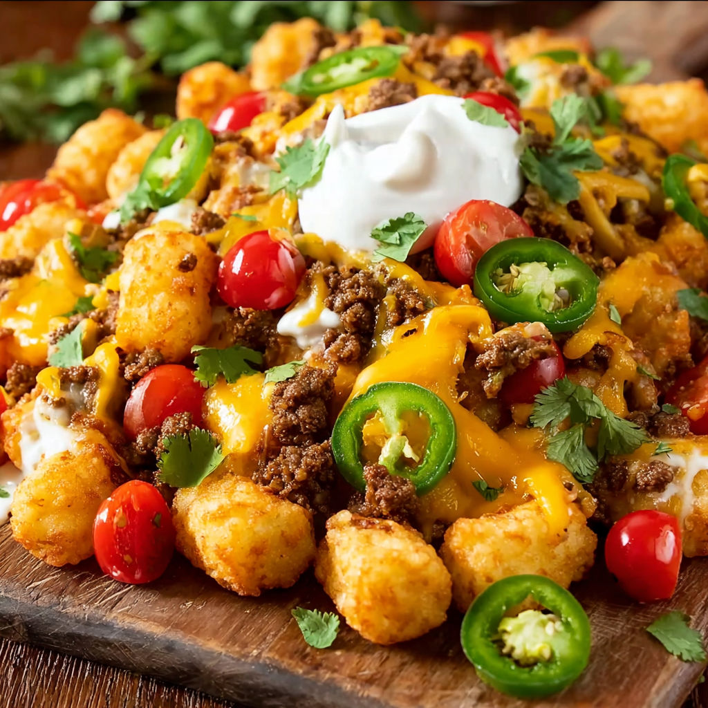 A plate of tater tots with cheese and jalapenos.