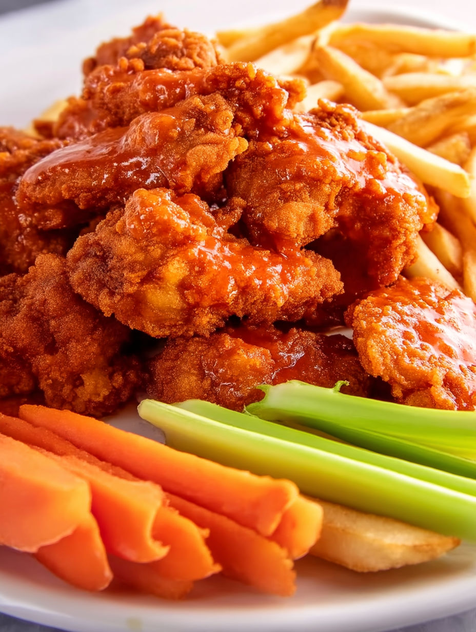 A plate of boneless chicken wings with barbecue sauce.