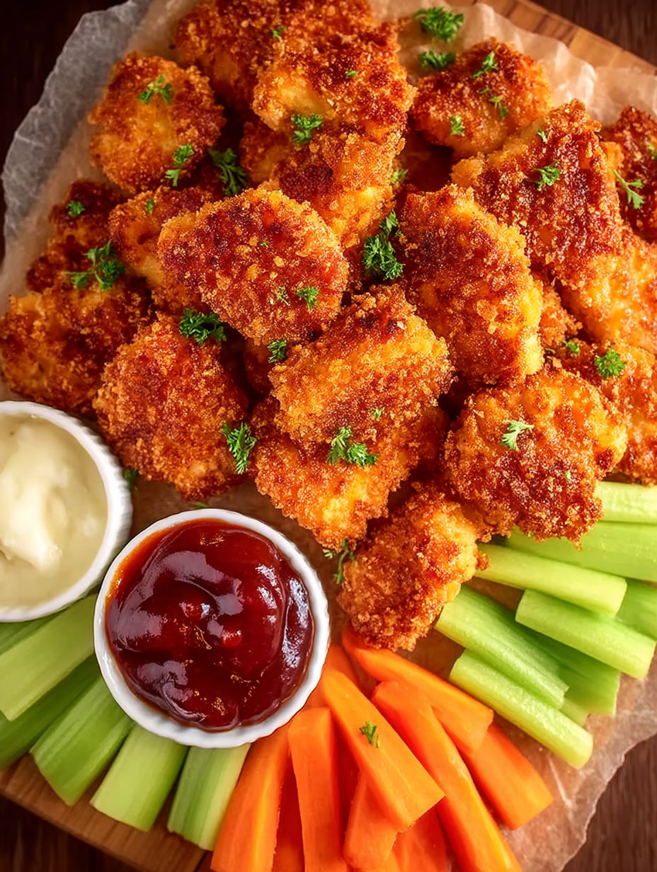 A plate of boneless chicken wings with a dipping sauce.