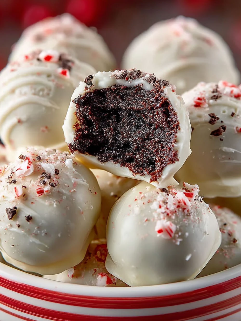 Peppermint Oreo balls on a plate.