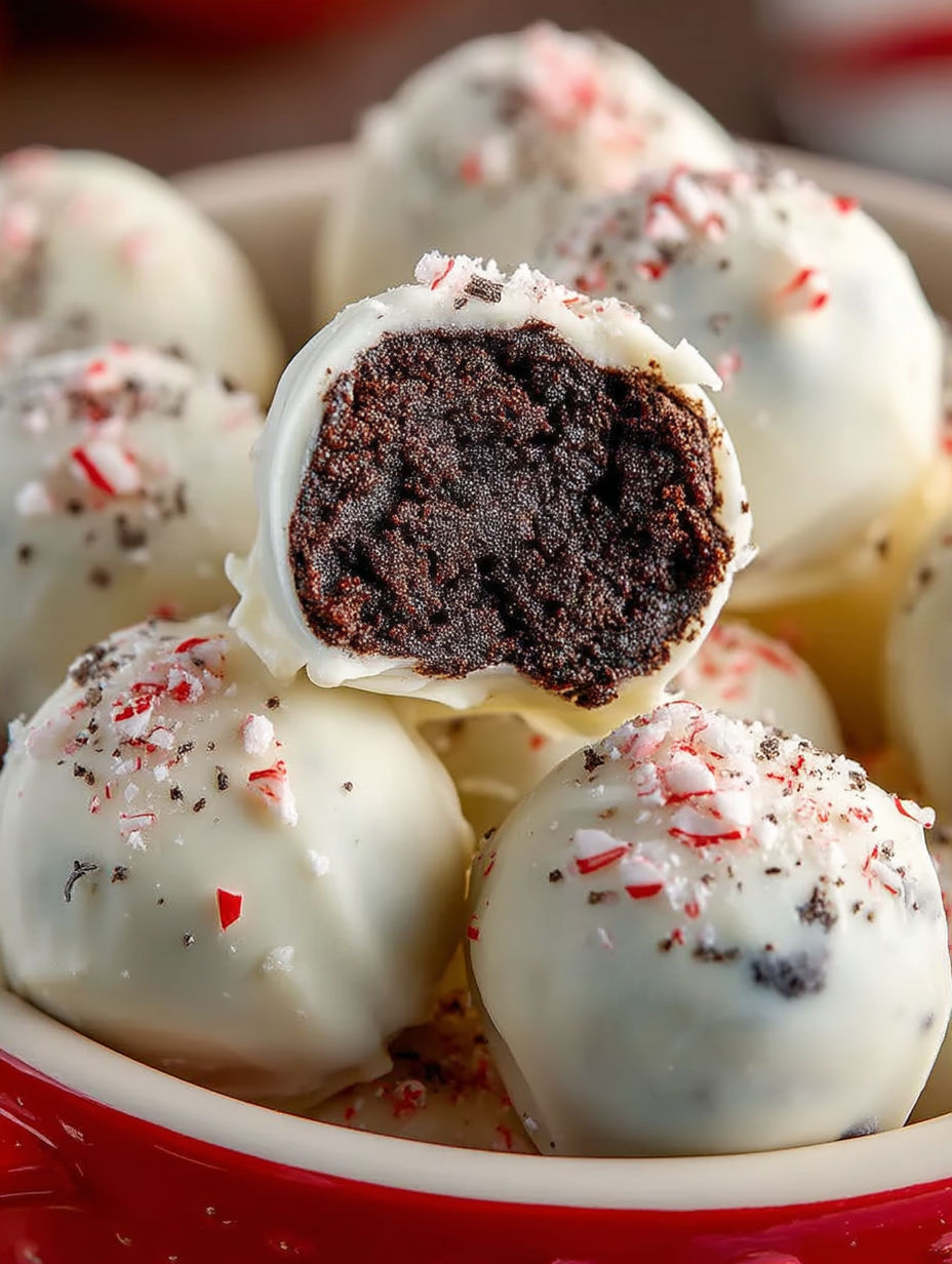 Peppermint Oreo balls in a bowl.