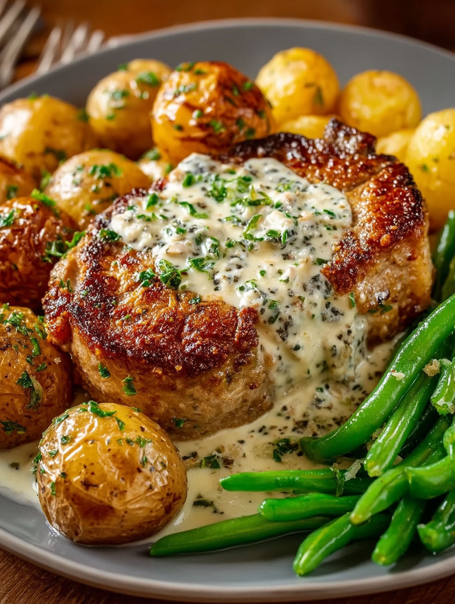A plate of food with pork chops and potatoes.