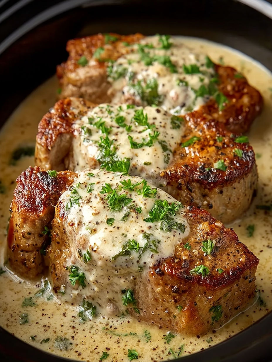 Crock Pot Creamy Garlic Parmesan Pork Chops.