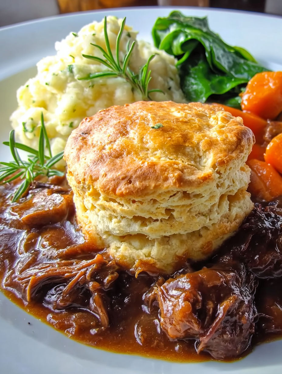 A plate of food with a biscuit on top.