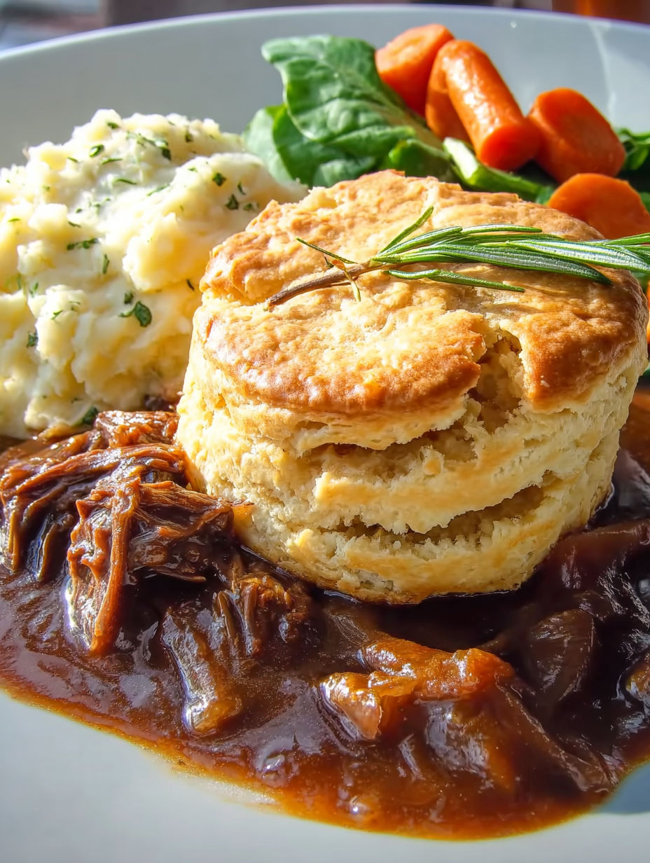 A close up of a pot pie with a biscuit on top.