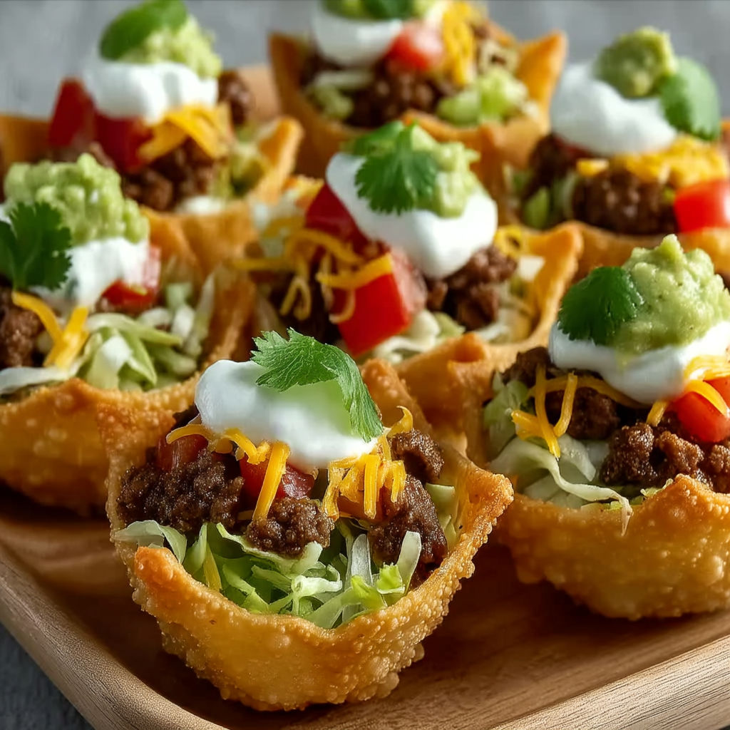 A plate of taco bites with cheese and sour cream.