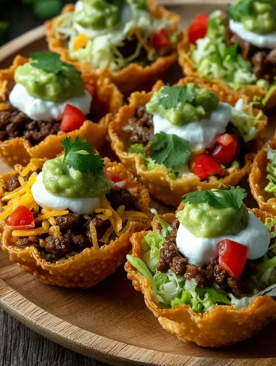 A plate of taco bites party cups.