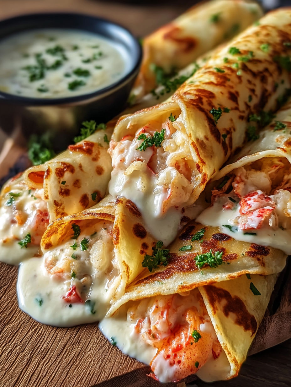 A plate of food with a bowl of sauce and a crab cake.