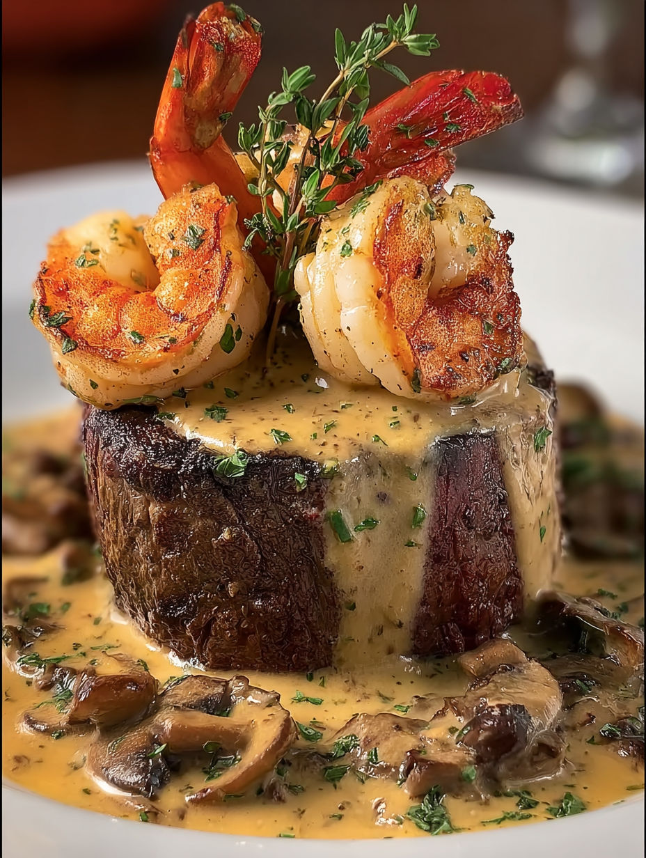 A plate of food with a steak, shrimp, and lobster on top.