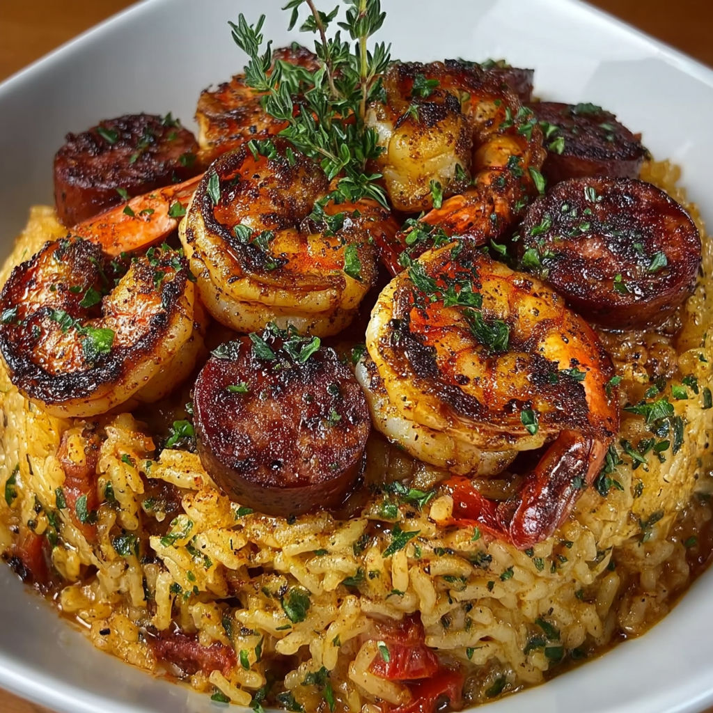 A bowl of jambalaya with shrimp, rice, and vegetables.