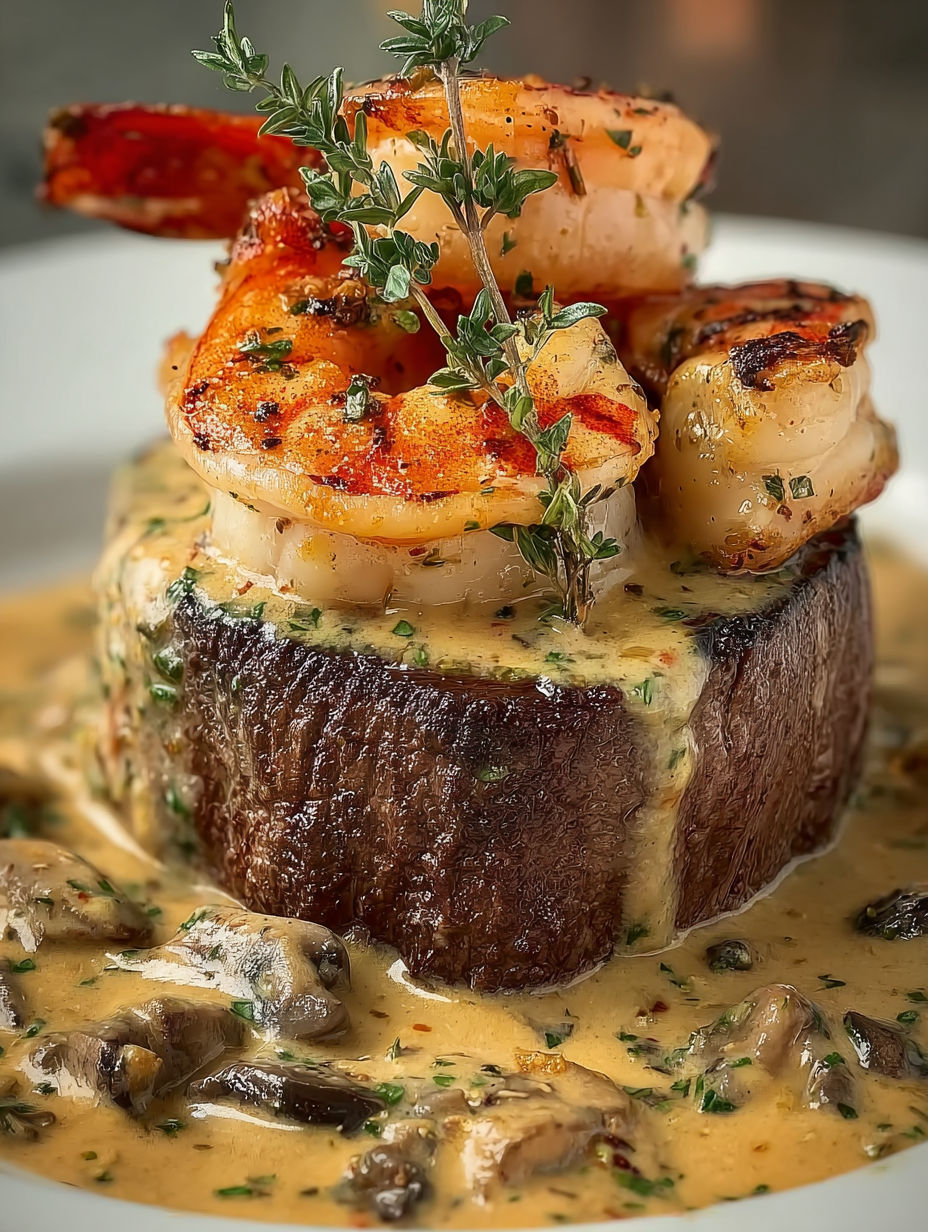 A plate of food with shrimp, lobster, and a cream sauce.