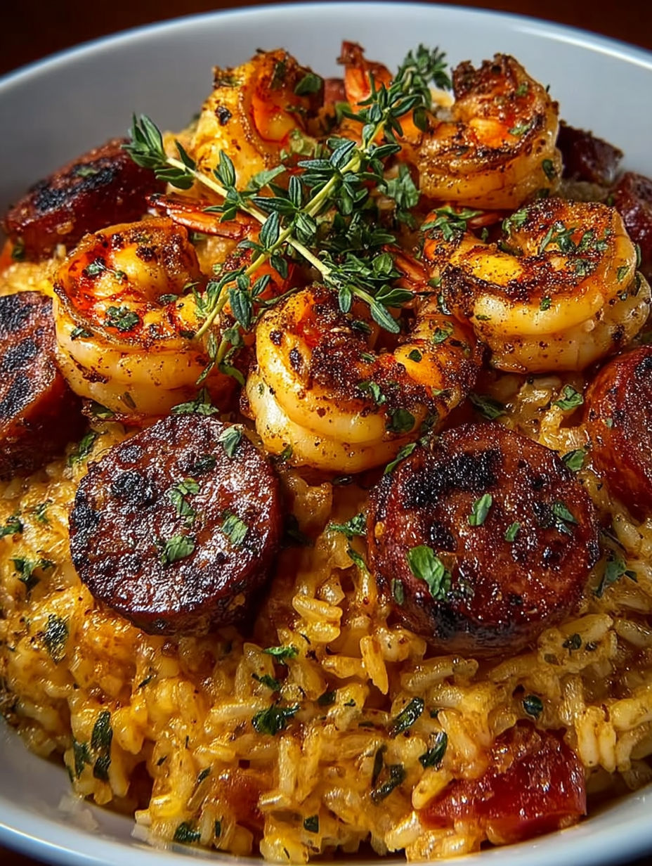 A plate of jambalaya with shrimp and rice.