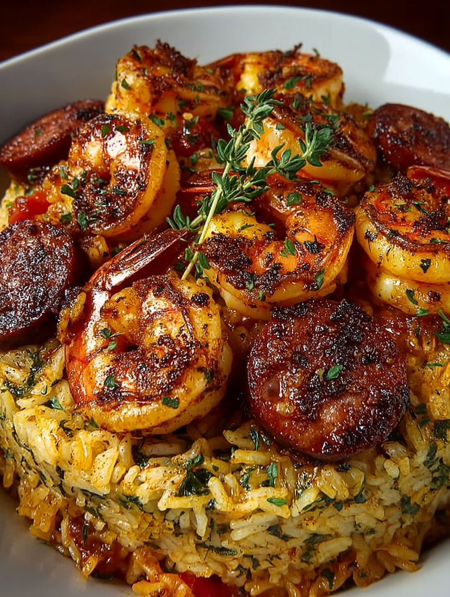 A dish of jambalaya with shrimp and rice.