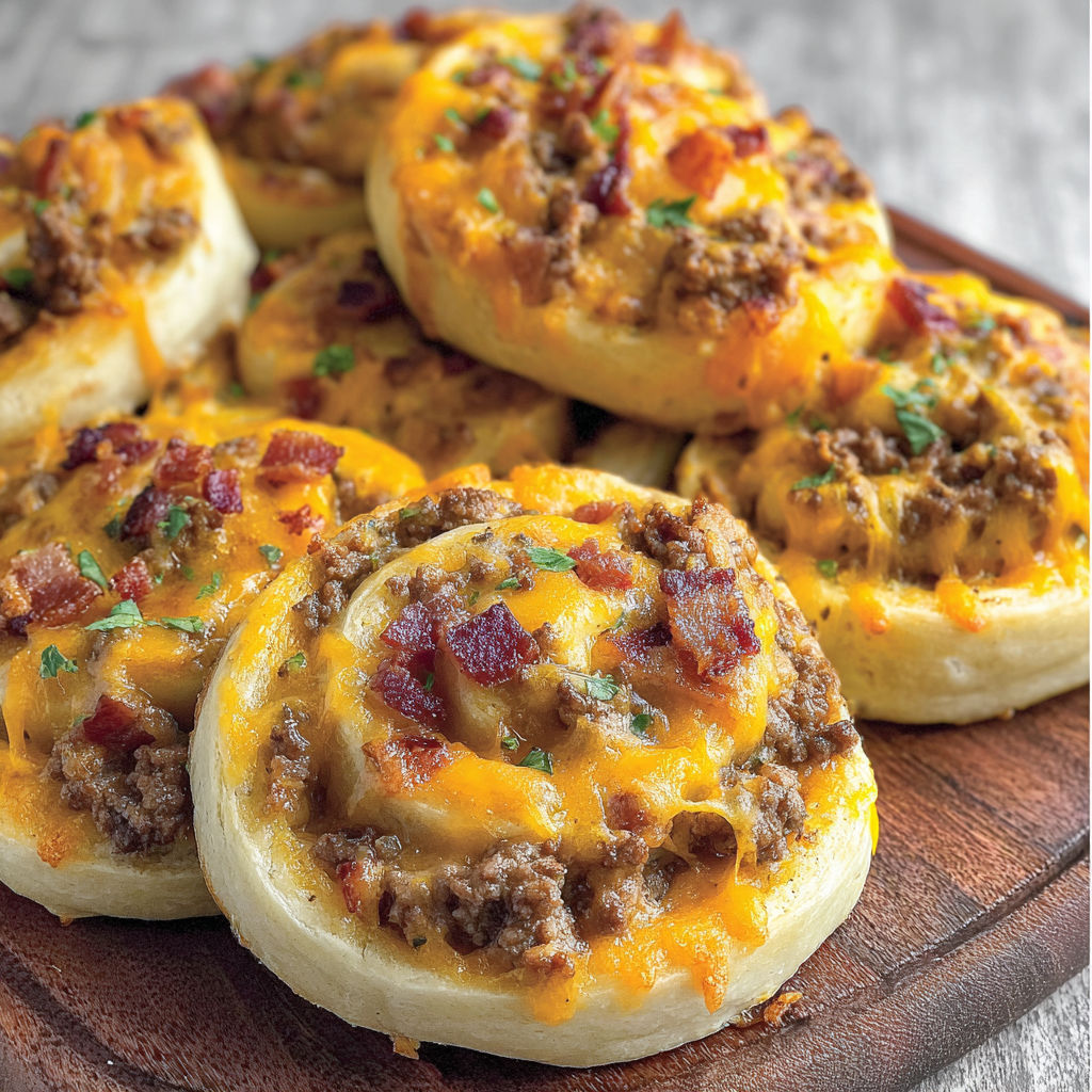 Bacon cheeseburger pinwheels on a wooden platter.