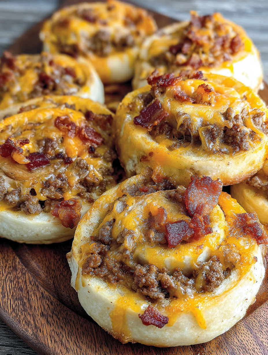 Bacon cheeseburger pinwheels on a wooden platter.